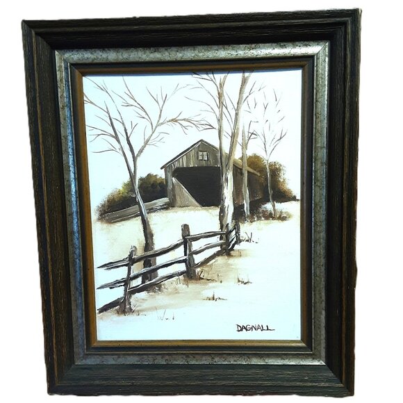 Vintage Rustic Winter Scene Oil on Canvas Painting Signed Dagnall Monochrome - Picture 1 of 4
